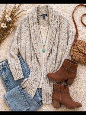 Chaps Oatmeal Knit Shawl Cardigan Cozy Size OS